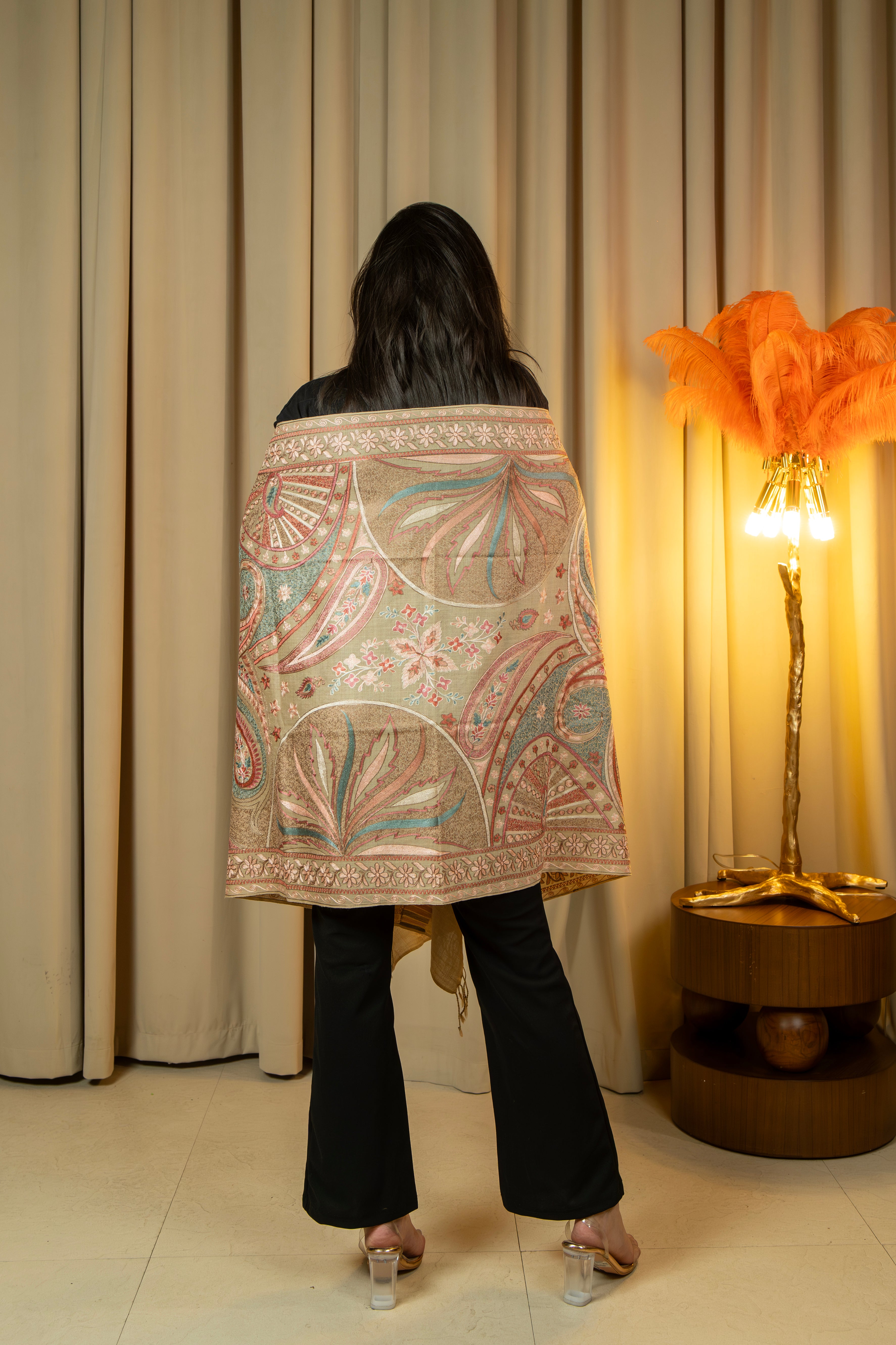 Aari Embroidered Beige Pure Wool Stole For Women